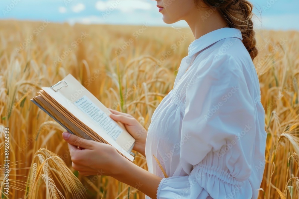 Canvas Prints A person stands amidst a golden wheat field, holding a book and enjoying the scenery