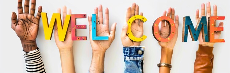 People holding up a colorful rainbow wooden letter with the word welcome. The word welcome is isolated on a white background. The concept is seen at a family reunion as they gain arrival and welcome