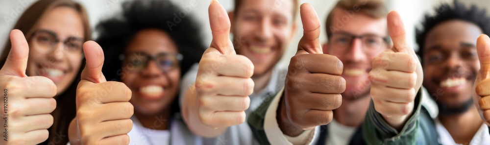 Wall mural close-up of multi-cultural group showing thumbs up at camera as a gesture of recommendation and good