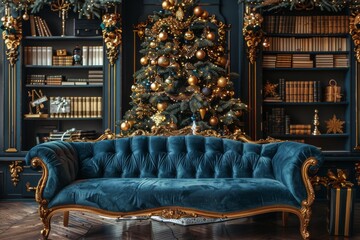 Blue Velvet Couch In Library With Christmas Trees