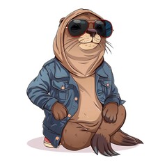 Naklejka premium Sea Lion Tomboy fashion cartoon isolated whitebackground