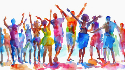 Obraz premium A group of people are dancing and having fun at a summer festival, depicted in a watercolor painting style