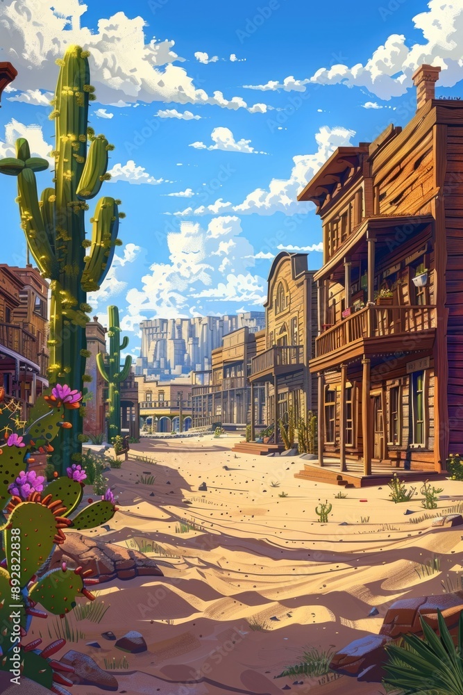 Poster a small desert town with a large cactus in the foreground, perfect for use in images about travel, a