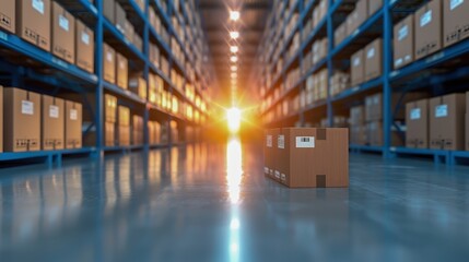 Obraz premium Warehouse interior with rows of shelves filled with boxes and a single package in the foreground, illuminated by sunlight from the background.