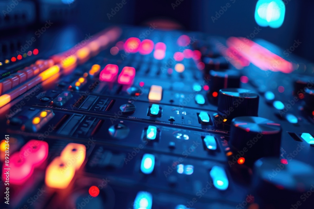 Poster a close-up shot of a sound board with colorful lights and buttons, great for music production or aud