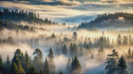 Fototapeta premium Sunbeams Through Misty Forest, Aerial View, Pine Trees, Morning Fog, Golden Light, Nature, Landscape