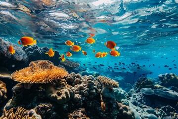 Stunning view of orange clownfish swimming among coral reefs in clear blue water