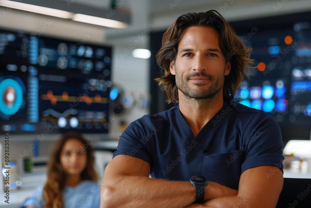 Poster beautiful man with well-groomed beard sitting in front of a holographic screen displaying ai-generat