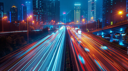 Fototapeta premium Cityscape Highway with Light Trails at Night..