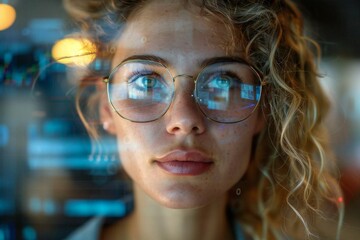 Innovative holographic screens replace traditional computers as beautiful, futuristic businesspeople collaborate in a high-tech office environment.