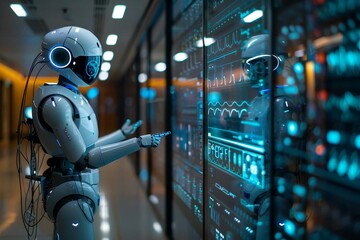 Futuristic holographic screens display the progress of AI-controlled robots conducting groundbreaking medical procedures in a modern hospital setting.
