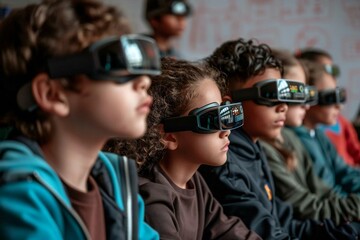 Persons with holographic translators on their eyeglasses learning sign languages from an AI-powered holographic teacher in a futuristic classroom setting.