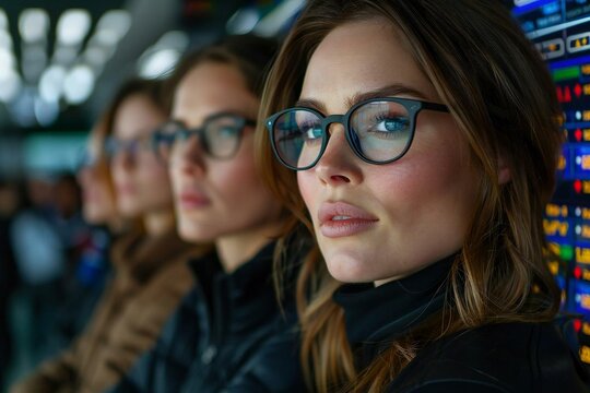 Beautiful people wearing eyeglasses stand in front of a holographic screen displaying a futuristic AI-powered discount calculator.