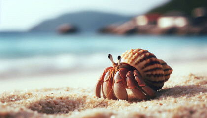 Hermit Crab Close Up on blurred beach background