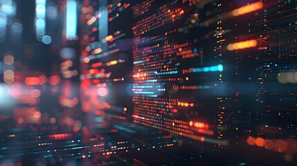 Fototapeta premium A computer screen with a lot of numbers and lines. The image is blurry and has a lot of colors.