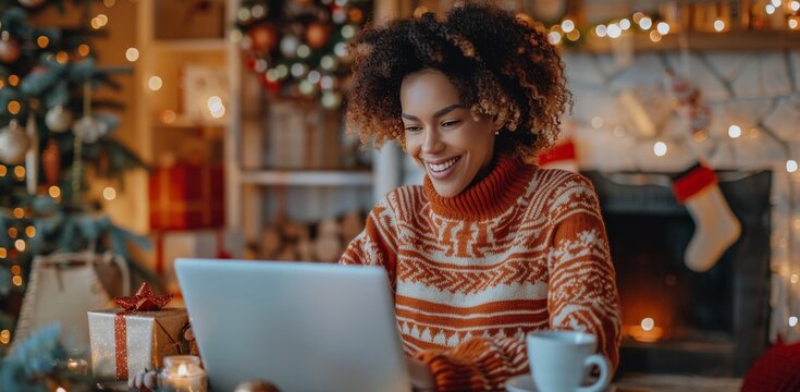Woman Shopping Online By Fireplace During Christmas