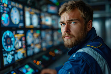Fototapeta premium Beautiful male electrician with a well-groomed beard, utilizing advanced AI technology, working with holographic screens to prevent workplace accidents.