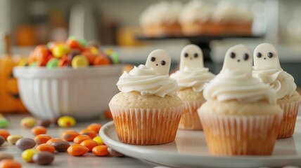 A close-up of a Halloween-themed office snack table, featuring cupcakes with ghost toppers and a bowl of candy