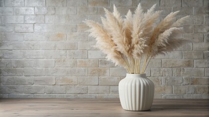 White Vase with Pampas Grass on Wooden Table Against Brick Wall, pampas grass, vase, brick wall, interior design