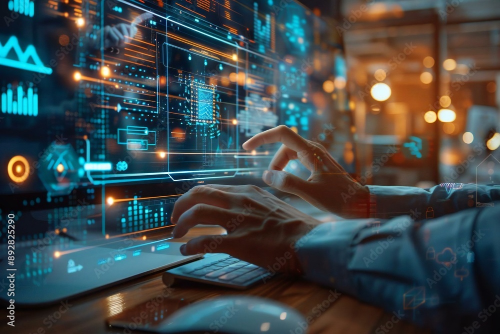 Poster close-up of a designer's hand using ai technology to edit a holographic image on a futuristic comput