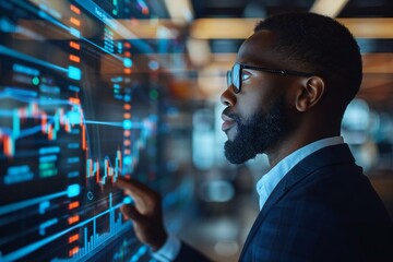 In a futuristic office setting, a handsome African American businessman with a well-groomed beard and glasses, analyzes financial data on a holographic screen using AI technology.