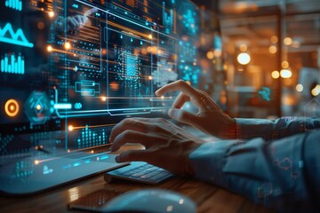 Close-up of a designer's hand using AI technology to edit a holographic image on a futuristic computer in the office.