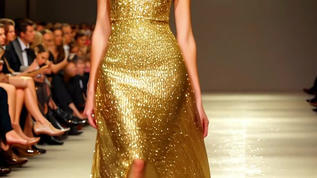model woman in a gold dress walks down a runway in front of a crowd