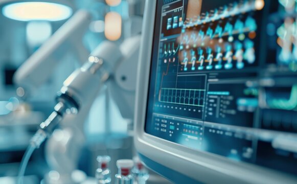 A close-up of the robotic system's interface, showing the surgeon's control panel and precise movements of the robotic arm