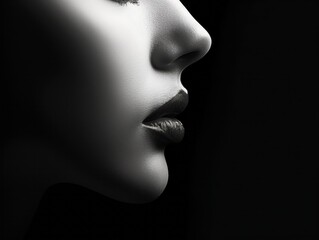 Create a minimalist black and white portrait emphasizing the contours of the face and neck. The image should have a stark contrast, highlighting the lips, nose, and chin with shadows and light. 