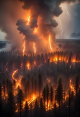 Fototapeta premium Aerial view of a forest engulfed in flames, with smoke billowing through the trees. The landscape features tall, charred trees and dense fog-like smoke, creating a dramatic contrast between the orange