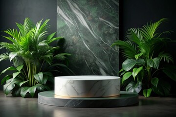 Luxurious empty marble stone podium with lush green leaves on a dark background