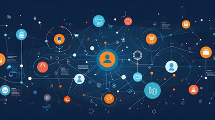 A colorful, abstract image of a network of people and objects, including a person with a blue circle and a red circle.