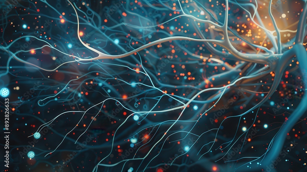 Poster a detailed illustration of a neural network processing vast amounts of data, with electricity flow d