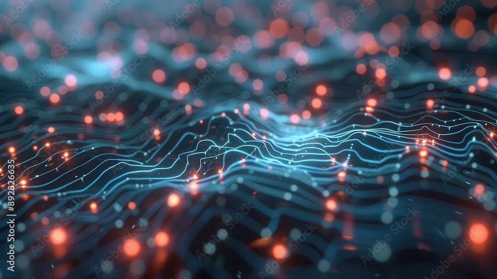 Poster a detailed illustration of a neural network processing vast amounts of data, with electricity flow d