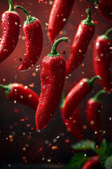 Several red peppers floating in the air on a red background