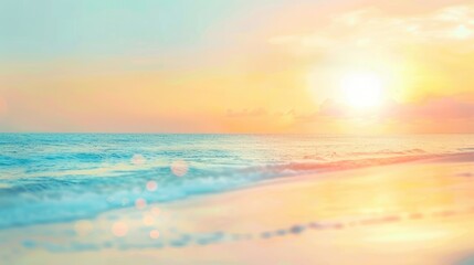 Summer Vacation Theme. Blurred Beach Sunset in Soft Hues of Blue, Yellow, and Orange. Blurry Sunset Sky. Light Blue and Sky Backdrop.