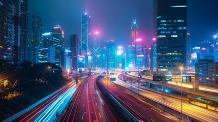 Naklejka premium Cityscape Symphony Vibrant Urban Lights and Motion Stunning Night Shot of Illuminated Skyline and Light Trails Captured with Sony Alpha 7 III for HighQuality Detail and Energy
