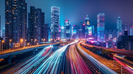 Obraz premium Cityscape Symphony Vibrant Urban Lights and Motion Stunning Night Shot of Illuminated Skyline and Light Trails Captured with Sony Alpha 7 III for HighQuality Detail and Energy