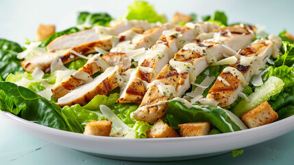 Close-up of Caesar Salad with Grilled Chicken and Croutons on a White Plate, perfect for restaurant menus, healthy eating campaigns, and social media posts
