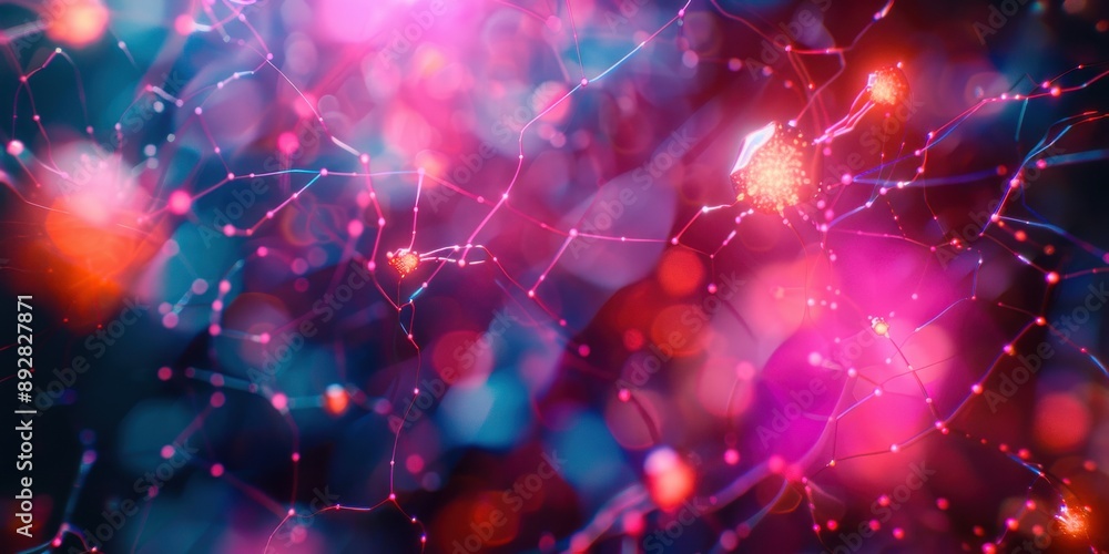 Poster a digital network seen through a microscope, showing a web of tiny connections lit up with vibrant d