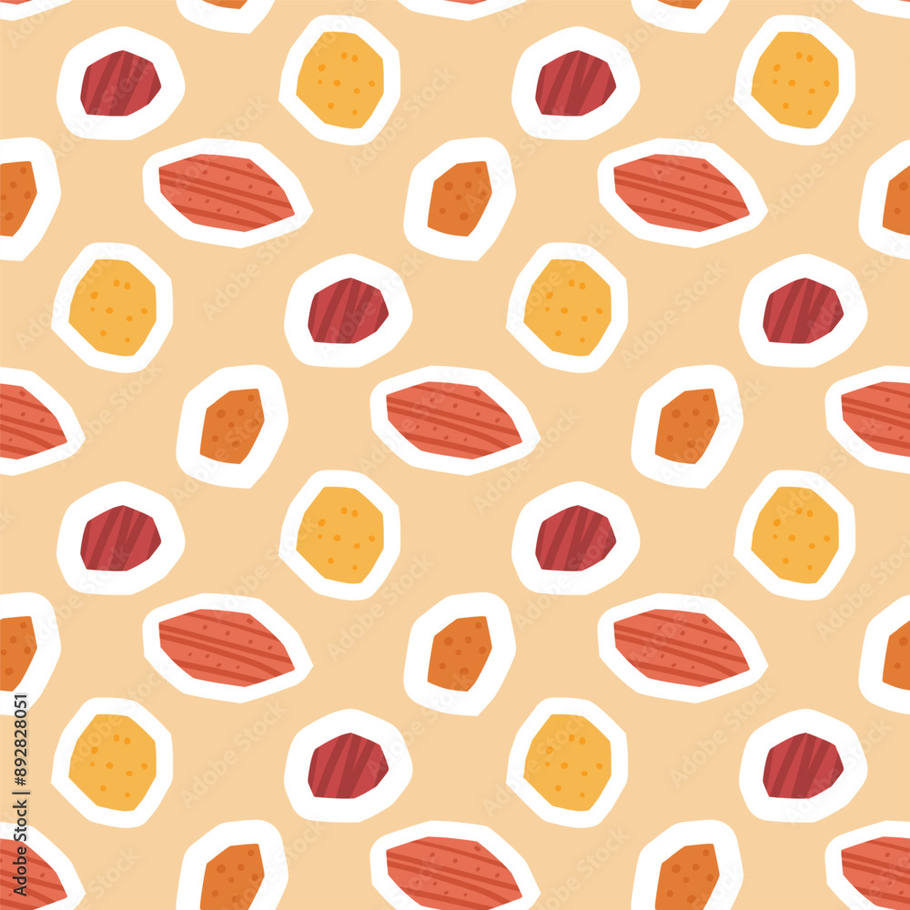 Poster geometric colorful seamless pattern. cutouts abstract shapes repeat background. round and leaves sti