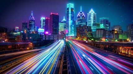 Fototapeta premium Cityscape Symphony Dynamic Urban Nightscape with Speeding Light Trails and Dazzling Skyscrapers
