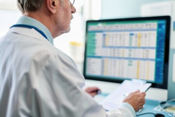 Fototapeta premium A doctor reviewing a patient's chart with advanced analytics software, highlighting personalized medicine