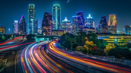 Obraz premium City Lights Vibrant Skyline and Dynamic Highways at Night Urban Energy Captured with Nikon Z6 II