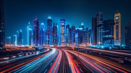 Fototapeta premium Neon Nights Vibrant Cityscape with Dynamic Light Trails and Futuristic Skyscrapers