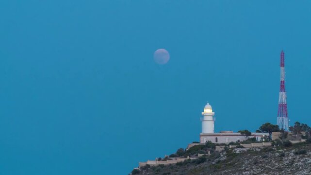 Time lapse, full moon over the lighthouse on the cliff.