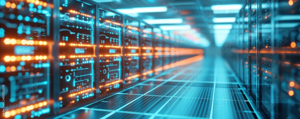 Poster A futuristic data center filled with rows of servers, each glowing with activity, showcasing the power consumption of machine learning models