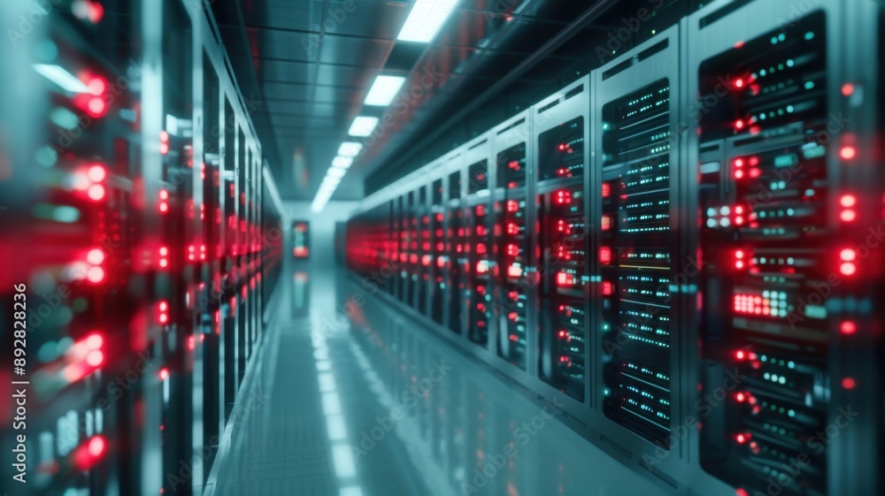 Aufkleber a futuristic server room with red error lights blinking on several servers