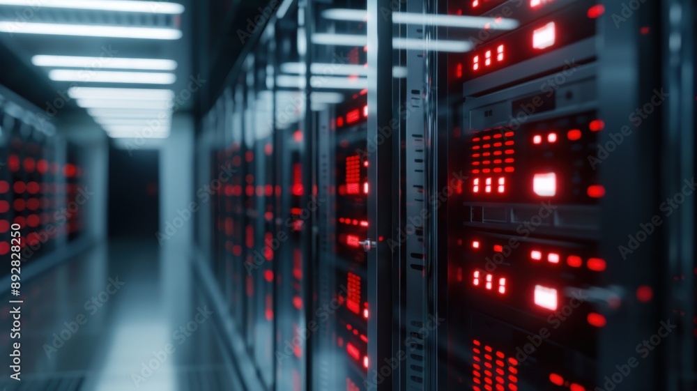Poster a futuristic server room with red error lights blinking on several servers