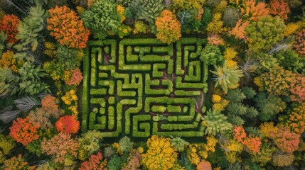 Corn maze with autumn colors. Corn maze aerial view
